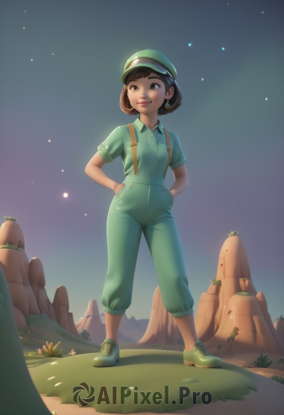 1girl,solo,smile,short hair,brown hair,shirt,hat,brown eyes,jewelry,closed mouth,standing,full body,flower,short sleeves,earrings,outdoors,sky,shoes,collared shirt,pants,artist name,black eyes,lips,night,buttons,suspenders,grass,star (sky),night sky,starry sky,hands on hips,rock,hands in pockets,green headwear,green shirt,overalls,green footwear,green pants,parted lips,looking away,sneakers,nose