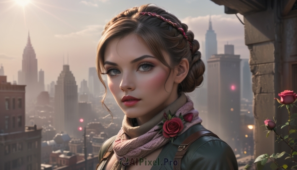 1girl,solo,looking at viewer,brown hair,jewelry,upper body,braid,flower,earrings,outdoors,parted lips,sky,day,cloud,hair bun,scarf,lips,grey eyes,rose,sunlight,red flower,building,portrait,red rose,city,realistic,nose,cityscape,short hair,blue eyes,eyelashes,makeup,scenery,pink flower,backlighting,light rays,sun,pink rose