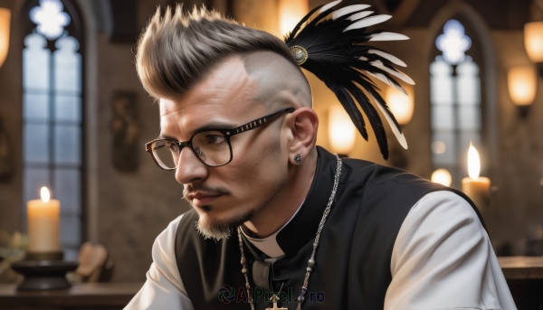 solo,looking at viewer,short hair,shirt,black hair,1boy,brown eyes,jewelry,closed mouth,white shirt,upper body,ponytail,male focus,multicolored hair,earrings,necktie,glasses,collared shirt,indoors,necklace,blurry,black eyes,vest,two-tone hair,blurry background,facial hair,piercing,cross,feathers,black necktie,beard,black-framed eyewear,black vest,stubble,candle,undercut,hair ornament,lips,window,depth of field,scar,realistic,mustache,mohawk