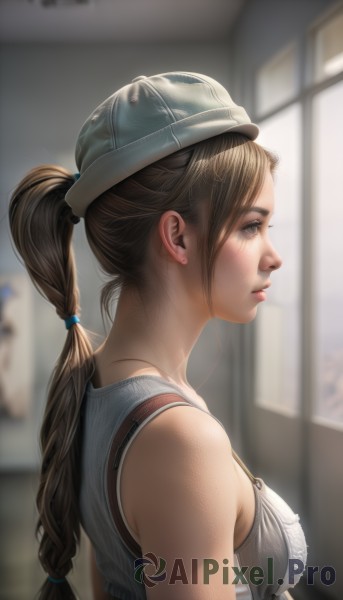 1girl,solo,long hair,breasts,brown hair,hat,bare shoulders,brown eyes,jewelry,medium breasts,closed mouth,underwear,upper body,ponytail,braid,earrings,sleeveless,indoors,bra,blurry,from side,lips,window,single braid,profile,depth of field,blurry background,tank top,realistic,nose,hair tie,sunlight,suspenders,baseball cap,backlighting,freckles