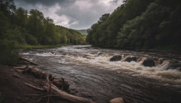 outdoors,sky,day,cloud,water,tree,no humans,ocean,cloudy sky,nature,scenery,forest,rock,watercraft,river,waves,landscape,log,waterfall