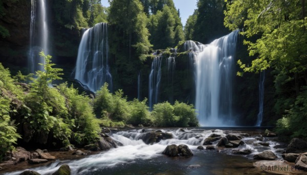 outdoors,sky,day,water,tree,blue sky,no humans,sunlight,nature,scenery,forest,rock,river,waterfall,moss,plant,bush,landscape,stream