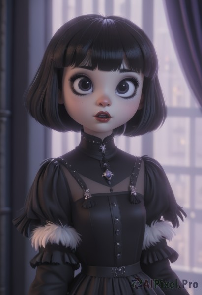 1girl,solo,looking at viewer,short hair,bangs,black hair,long sleeves,dress,jewelry,upper body,short sleeves,parted lips,teeth,puffy sleeves,belt,artist name,indoors,blunt bangs,blurry,black eyes,black dress,puffy short sleeves,lips,fur trim,eyelashes,window,makeup,depth of field,blurry background,bob cut,lipstick,curtains,juliet sleeves,brooch,gem,child,eyeshadow,freckles,wide-eyed,red lips,gothic,breasts,small breasts,see-through,pendant,backlighting,lolita fashion,nose,gothic lolita,straight-on