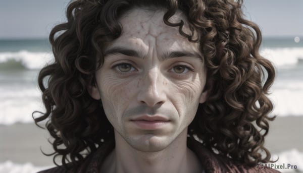 solo,looking at viewer,brown hair,1boy,brown eyes,closed mouth,male focus,outdoors,day,blurry,lips,depth of field,blurry background,facial hair,ocean,wavy hair,beach,messy hair,portrait,curly hair,realistic,nose,sand,1girl,long hair,thick eyebrows,freckles