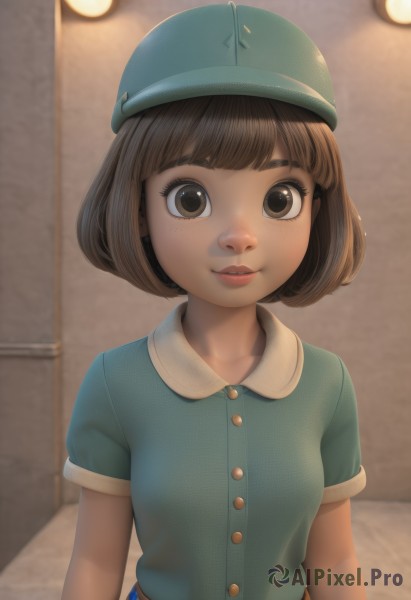 1girl,solo,breasts,looking at viewer,smile,short hair,bangs,brown hair,shirt,hat,brown eyes,collarbone,upper body,short sleeves,small breasts,parted lips,teeth,collared shirt,belt,indoors,blunt bangs,lips,buttons,bob cut,blue shirt,freckles,green headwear,green shirt,artist name,eyelashes,watermark,thick eyebrows,web address,blue headwear,nose