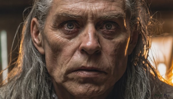 solo,long hair,looking at viewer,1boy,closed mouth,white hair,grey hair,male focus,blurry,lips,grey eyes,blurry background,facial hair,scar,portrait,close-up,realistic,old,old man,wrinkled skin,scar on face,nose