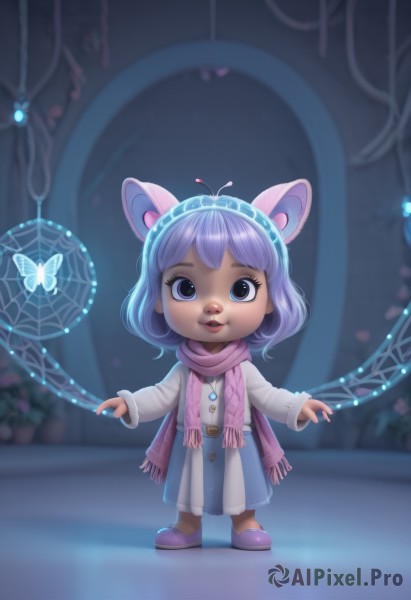 1girl,solo,looking at viewer,smile,short hair,bangs,blue eyes,long sleeves,dress,animal ears,jewelry,blue hair,standing,full body,purple hair,hairband,shoes,belt,artist name,cat ears,scarf,white dress,blurry,lips,blurry background,bug,plant,butterfly,child,personification,female child,pink scarf,open mouth,teeth,furry,furry female,buck teeth