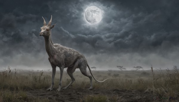 solo,standing,tail,outdoors,horns,sky,cloud,no humans,night,animal,moon,cloudy sky,grass,scenery,full moon,monster,realistic,grey sky,dinosaur,night sky,skull,fantasy,field,horror (theme),deer,elephant,goat