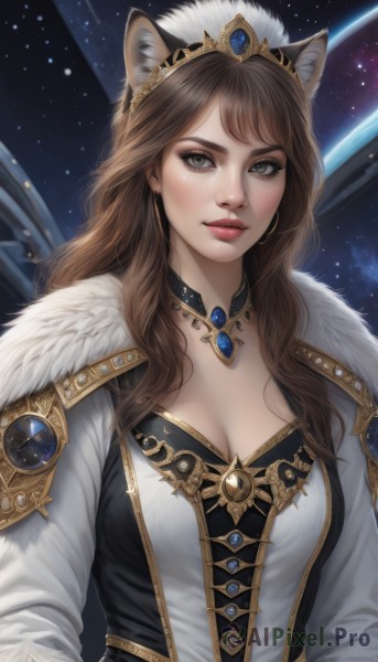 1girl,solo,long hair,breasts,looking at viewer,smile,large breasts,brown hair,animal ears,cleavage,brown eyes,jewelry,medium breasts,upper body,earrings,choker,cat ears,necklace,lips,animal ear fluff,fur trim,fox ears,makeup,tiara,crown,gem,star (sky),starry sky,realistic,nose,space,bangs,long sleeves,dress,artist name,signature,eyelashes