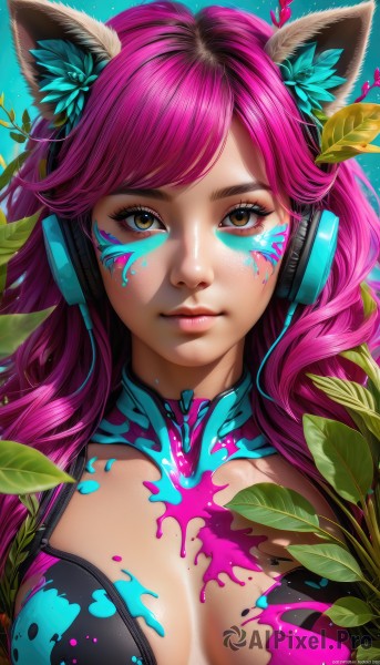 ahri (league of legends),1girl,solo,long hair,breasts,looking at viewer,bangs,large breasts,hair ornament,animal ears,cleavage,brown eyes,medium breasts,closed mouth,yellow eyes,upper body,pink hair,purple hair,flower,shiny,artist name,hair flower,lips,fox ears,eyelashes,makeup,swept bangs,headphones,leaf,facial mark,portrait,eyeshadow,pink lips,nose,eyeliner,whisker markings,mascara,paint splatter,paint,paint splatter on face,signature,fake animal ears,blue background,plant,breasts apart,freckles,facepaint,animal ear headphones