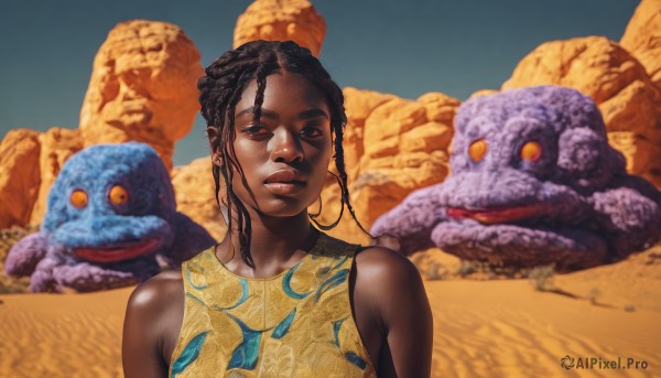 1girl,solo,long hair,looking at viewer,black hair,bare shoulders,brown eyes,jewelry,upper body,braid,earrings,outdoors,parted lips,sleeveless,day,dark skin,dark-skinned female,lips,realistic,nose,sand,very dark skin,desert,dreadlocks,brown hair,food,thick eyebrows