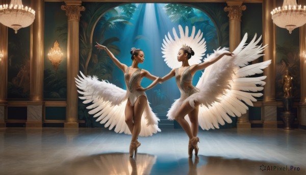 1girl,breasts,smile,multiple girls,black hair,dress,2girls,bare shoulders,jewelry,standing,ass,pantyhose,wings,indoors,dark skin,hair bun,looking at another,leotard,dark-skinned female,tree,holding hands,single hair bun,standing on one leg,plant,feathered wings,reflection,mirror,light,dancing,pillar,symmetry,different reflection,ballerina,ballet slippers,ballet,tutu,brown hair,from behind,high heels,back,realistic,statue,reflective floor,chandelier