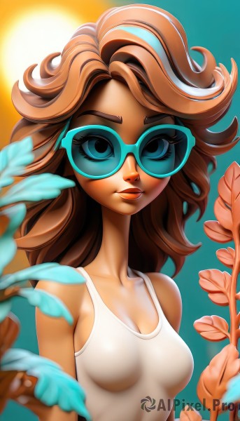 1girl,solo,long hair,breasts,looking at viewer,smile,blue eyes,brown hair,cleavage,bare shoulders,medium breasts,collarbone,upper body,flower,small breasts,parted lips,glasses,dark skin,dark-skinned female,lips,makeup,leaf,blue background,sunglasses,tank top,plant,curly hair,white one-piece swimsuit,tinted eyewear,blue-tinted eyewear,swimsuit,one-piece swimsuit,backlighting,nose,sun