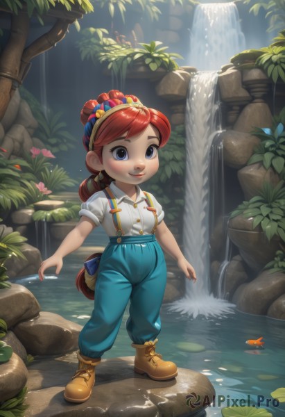 1girl,solo,long hair,smile,blue eyes,shirt,bow,standing,full body,white shirt,ponytail,flower,short sleeves,hair bow,red hair,hairband,boots,outdoors,collared shirt,pants,water,leaf,brown footwear,suspenders,child,freckles,rock,blue pants,female child,overalls,waterfall,lily pad,pond,looking at viewer,blush,bangs,hair ornament,closed mouth,shoes,puffy sleeves,puffy short sleeves,lips,watermark,plant,nature,web address,stream