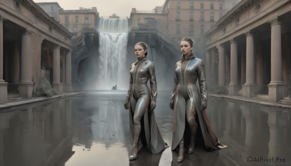 breasts,short hair,multiple girls,brown hair,black hair,gloves,2girls,medium breasts,standing,outdoors,water,bodysuit,building,scenery,reflection,science fiction,arms at sides,black bodysuit,waterfall,boots,lips,realistic