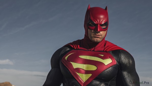 solo,looking at viewer,1boy,closed mouth,upper body,male focus,outdoors,sky,cape,bodysuit,mask,muscular,facial hair,pectorals,muscular male,bara,mature male,realistic,stubble,superhero,red bodysuit,day,cloud,blurry,red cape,black cape