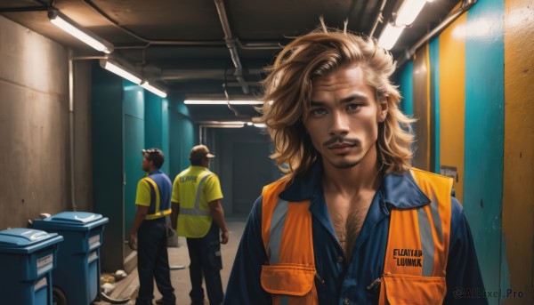 looking at viewer,blonde hair,brown hair,shirt,brown eyes,standing,short sleeves,male focus,multiple boys,collared shirt,pants,indoors,dark skin,2boys,bag,vest,lips,facial hair,dark-skinned male,backpack,3boys,blue shirt,beard,realistic,mustache,chest hair,jumpsuit,hat,overalls