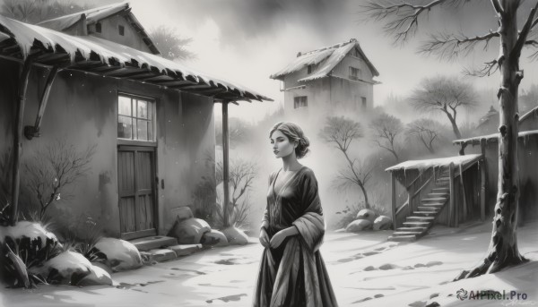 1girl,solo,short hair,long sleeves,dress,jewelry,standing,monochrome,greyscale,outdoors,artist name,signature,hair bun,tree,window,single hair bun,own hands together,building,scenery,snow,rock,snowing,architecture,house,winter,bare tree,closed mouth,stairs,east asian architecture