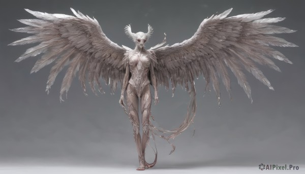 1girl,solo,breasts,looking at viewer,simple background,red eyes,navel,medium breasts,standing,tail,full body,white hair,nude,wings,horns,grey background,gradient,gradient background,colored skin,monster girl,head wings,feathered wings,claws,monster,angel wings,arms at sides,grey skin,multiple wings,talons,spread wings,short hair,large breasts,feathers,toenails