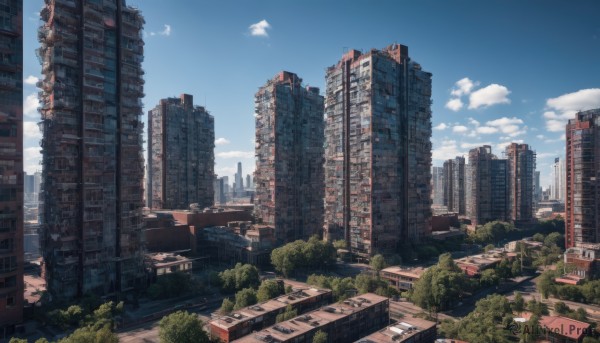 outdoors,sky,day,cloud,tree,blue sky,no humans,cloudy sky,building,scenery,city,road,cityscape,ruins,lamppost,skyscraper,overgrown,post-apocalypse,ground vehicle,motor vehicle,car,real world location