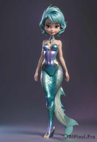 1girl,solo,breasts,looking at viewer,smile,short hair,blue eyes,bare shoulders,jewelry,blue hair,standing,full body,small breasts,lips,aqua hair,covered navel,makeup,detached collar,monster girl,gem,skin tight,wide hips,arms at sides,scales,mermaid,fins,choker,high heels,lipstick