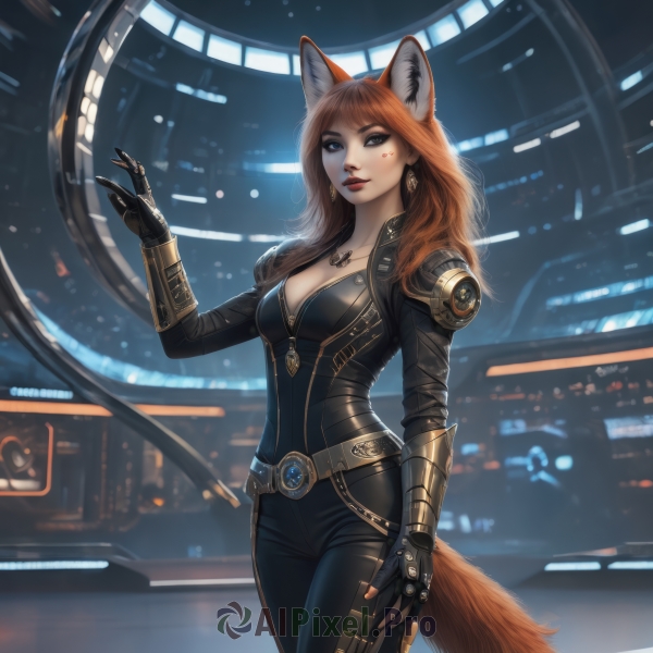 1girl,solo,long hair,breasts,looking at viewer,bangs,blue eyes,brown hair,gloves,animal ears,cleavage,brown eyes,jewelry,medium breasts,standing,tail,cowboy shot,earrings,parted lips,black gloves,belt,pants,hand up,fingerless gloves,necklace,orange hair,mole,lips,fox ears,bodysuit,tattoo,makeup,fox tail,black pants,lipstick,fox girl,black bodysuit,red lips,facial tattoo,artist name,facial mark,pendant,zipper,science fiction,realistic