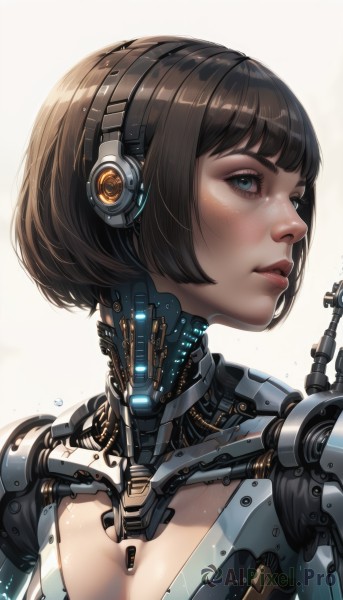 1girl,solo,breasts,short hair,bangs,blue eyes,simple background,brown hair,white background,cleavage,medium breasts,closed mouth,upper body,artist name,blunt bangs,lips,looking to the side,eyelashes,headgear,headphones,looking away,bob cut,portrait,freckles,science fiction,realistic,nose,android,cable,cyborg,robot joints,cyberpunk,mechanical parts,black hair,parted lips,from side,aqua eyes,profile,makeup,glowing,robot,headset,backlighting