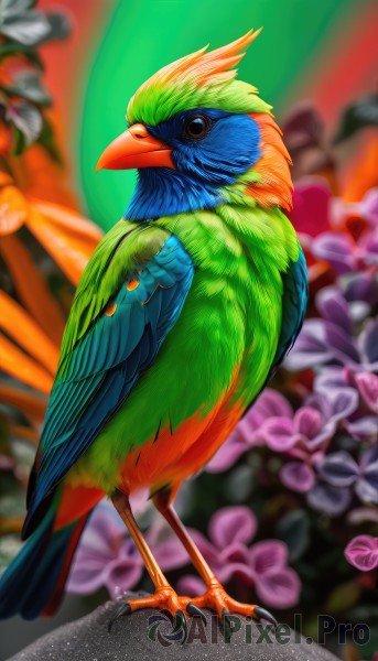 solo,looking at viewer,closed mouth,standing,full body,flower,outdoors,blurry,black eyes,pokemon (creature),no humans,depth of field,blurry background,bird,animal,feathers,pink flower,realistic,animal focus,talons,beak,parrot,closed eyes,leaf,watermark,colorful