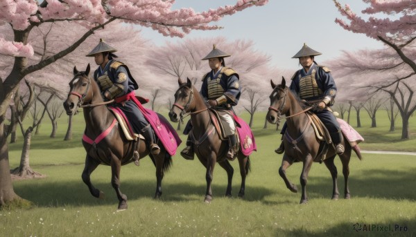 hat,weapon,male focus,outdoors,japanese clothes,multiple boys,day,sword,2boys,armor,tree,animal,3boys,helmet,grass,cherry blossoms,4boys,riding,japanese armor,horse,horseback riding,spring (season),reins,saddle,smile,skirt,brown hair,black hair,gloves,holding,standing,sky,striped,holding weapon,vest,blue sky,holding sword,katana,sheath,hakama,scenery,hakama skirt,pink flower,faceless,walking,6+boys,faceless male,sheathed,kote,samurai,kabuto (helmet),chin strap,jingasa