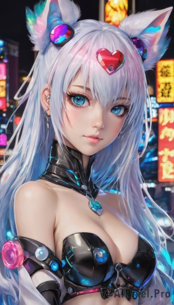 1girl,solo,long hair,breasts,looking at viewer,bangs,blue eyes,hair ornament,animal ears,cleavage,hair between eyes,bare shoulders,jewelry,medium breasts,closed mouth,upper body,white hair,heart,earrings,outdoors,elbow gloves,shiny,cat ears,blurry,lips,animal ear fluff,eyelashes,strapless,detached collar,blurry background,piercing,gem,city,heart hair ornament,bustier,city lights,blush,parted lips,mole,shiny hair,collar,shiny skin,fox ears,makeup,night,feathers,ear piercing,shiny clothes,mole on breast,pink lips,cone hair bun,strapless bra