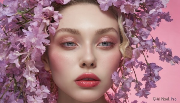 1girl,solo,looking at viewer,short hair,blue eyes,blonde hair,simple background,flower,parted lips,teeth,lips,grey eyes,makeup,leaf,pink background,lipstick,portrait,pink flower,realistic,red lips,eyelashes,close-up,nose,purple flower