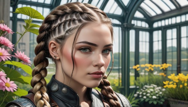 1girl,solo,long hair,looking at viewer,brown hair,jewelry,closed mouth,green eyes,braid,flower,multicolored hair,earrings,indoors,armor,blurry,twin braids,two-tone hair,lips,window,makeup,blurry background,plant,portrait,forehead,freckles,realistic,nose,stud earrings,hair behind ear,outdoors,parted lips,day,artist name,eyelashes,depth of field,leaf,expressionless,piercing,sunlight,ear piercing,hair over shoulder,pink flower,yellow flower,garden