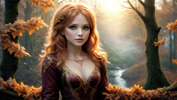 HQ,1girl,solo,long hair,breasts,looking at viewer,blue eyes,blonde hair,brown hair,hair ornament,long sleeves,dress,cleavage,jewelry,medium breasts,collarbone,upper body,outdoors,parted lips,water,necklace,blurry,tree,lips,eyelashes,leaf,watermark,wavy hair,sunlight,nature,purple dress,forest,curly hair,realistic,nose,autumn leaves,autumn,blush,red hair,artist name,signature,orange hair,freckles