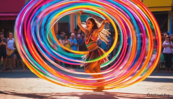 1girl,long hair,smile,open mouth,multiple girls,skirt,black hair,navel,jewelry,multiple boys,barefoot,solo focus,midriff,dark skin,armpits,necklace,arms up,bracelet,dark-skinned female,shadow,dancing,rainbow,crowd,very dark skin,brown hair,earrings,crop top,feathers,fringe trim,native american