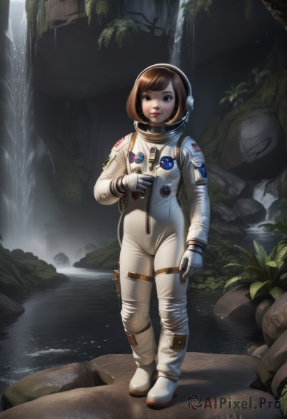 1girl,solo,looking at viewer,short hair,bangs,blue eyes,brown hair,gloves,brown eyes,standing,full body,parted lips,signature,water,bag,tree,lips,bodysuit,backpack,helmet,nature,science fiction,rock,realistic,waterfall,american flag,spacesuit,japanese flag,space helmet,astronaut,boots,outdoors,white gloves,swept bangs,headphones,white footwear,bob cut,plant,headset,space