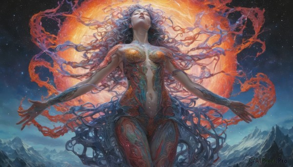 A female set against the backdrop of a serene fiery outdoors