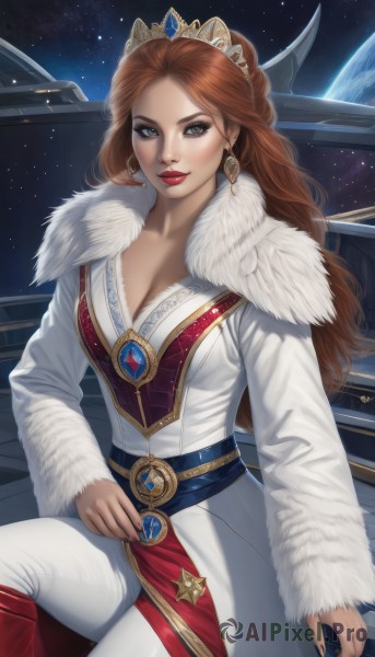 1girl,solo,long hair,breasts,looking at viewer,smile,large breasts,brown hair,long sleeves,cleavage,brown eyes,jewelry,medium breasts,sitting,earrings,belt,pants,nail polish,lips,coat,grey eyes,fur trim,makeup,tiara,crown,lipstick,gem,star (sky),eyeshadow,white pants,white coat,red lips,space,planet,earth (planet),dress,red hair,sky,artist name,white dress,night,night sky,starry sky