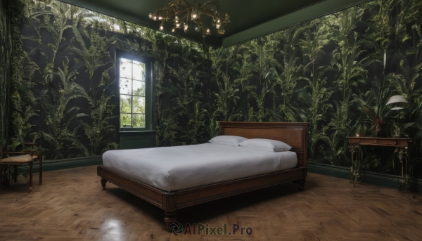 day,indoors,tree,pillow,no humans,window,bed,chair,table,sunlight,plant,curtains,nature,scenery,couch,forest,wooden floor,potted plant,lamp,chandelier,light,still life