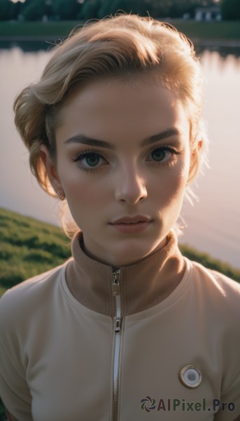 1girl,solo,looking at viewer,short hair,blonde hair,jewelry,closed mouth,jacket,upper body,earrings,outdoors,artist name,blurry,lips,eyelashes,blurry background,zipper,freckles,realistic,nose,shirt,green eyes,short sleeves,turtleneck,thick eyebrows,backlighting