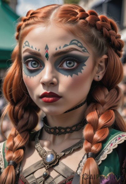 1girl,solo,long hair,looking at viewer,blue eyes,brown hair,jewelry,closed mouth,collarbone,upper body,braid,earrings,choker,artist name,necklace,orange hair,blurry,twin braids,lips,grey eyes,eyelashes,makeup,blurry background,facial mark,lipstick,gem,portrait,eyeshadow,freckles,nose,red lips,facepaint,mascara,multiple braids,blush,dress,green eyes,red hair,realistic,crown braid