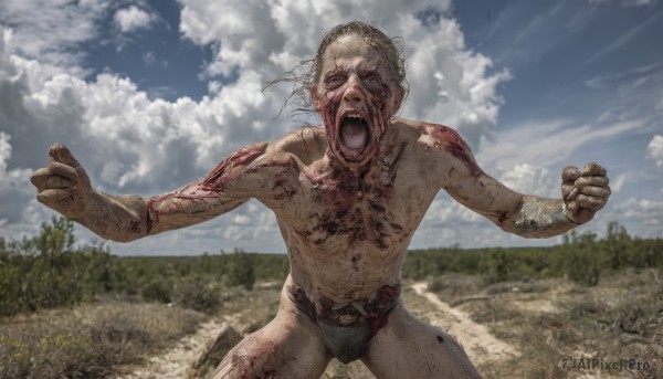 solo,open mouth,1boy,male focus,outdoors,sky,teeth,day,cloud,tree,blue sky,blood,parody,cloudy sky,topless male,realistic,horror (theme),nude,outstretched arms,clenched hands,monster,running,screaming