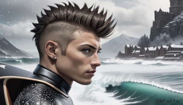 solo,short hair,blue eyes,brown hair,black hair,1boy,jewelry,male focus,earrings,outdoors,sky,cloud,signature,water,armor,from side,profile,scar,cloudy sky,spiked hair,shoulder armor,portrait,scenery,snow,snowing,mountain,realistic,fantasy,castle,lake,looking at viewer,closed mouth,grey eyes,ocean,piercing,ear piercing,stud earrings,undercut,waves,mohawk