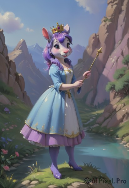 1girl,solo,long hair,breasts,looking at viewer,blush,smile,open mouth,bangs,long sleeves,dress,holding,animal ears,jewelry,green eyes,standing,collarbone,tail,full body,purple hair,flower,earrings,small breasts,outdoors,sky,teeth,day,shiny,artist name,cloud,signature,wide sleeves,water,white dress,high heels,shiny hair,tree,blue sky,blue dress,watermark,happy,grass,crown,nature,furry,pink flower,blue flower,rock,mountain,furry female,wand,purple footwear,animal nose,river,holding wand,snout,deer ears,pond,buck teeth,stream,cleavage,purple eyes,black eyes,freckles,deer