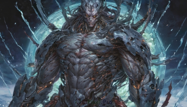 solo,long hair,looking at viewer,1boy,closed mouth,yellow eyes,upper body,weapon,male focus,horns,armor,orange eyes,muscular,glowing,abs,pectorals,muscular male,glowing eyes,science fiction,veins,arms at sides,grey skin,navel,colored skin,facial hair,topless male,manly,cyborg