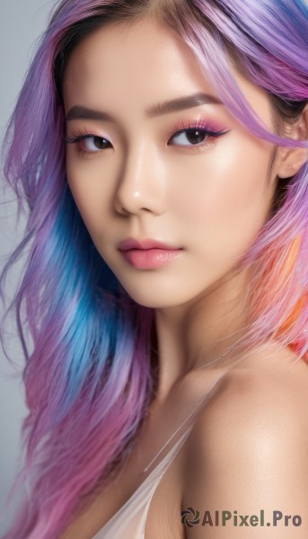 1girl,solo,long hair,breasts,looking at viewer,simple background,cleavage,bare shoulders,brown eyes,medium breasts,closed mouth,upper body,pink hair,purple hair,multicolored hair,black eyes,two-tone hair,lips,looking to the side,eyelashes,gradient hair,makeup,tank top,portrait,close-up,eyeshadow,realistic,nose,artist name,lipstick,mascara