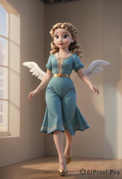 1girl,solo,long hair,breasts,looking at viewer,blue eyes,brown hair,dress,brown eyes,standing,full body,short sleeves,parted lips,wings,puffy sleeves,belt,artist name,indoors,blurry,black eyes,puffy short sleeves,lips,window,blurry background,blue dress,shadow,halo,brown footwear,feathered wings,curly hair,angel wings,white wings,angel,smile,shoes,watermark,walking