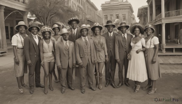 long hair,looking at viewer,smile,short hair,multiple girls,skirt,shirt,long sleeves,hat,dress,jewelry,standing,jacket,monochrome,flower,short sleeves,greyscale,earrings,outdoors,multiple boys,necktie,shoes,glasses,shorts,collared shirt,pants,dark skin,necklace,high heels,bracelet,dark-skinned female,tree,holding hands,facial hair,6+girls,formal,sandals,suit,building,beard,walking,6+boys,sun hat,mustache,straw hat,road,sepia,lineup,breasts,boots,3girls,bag,mask,sunglasses,handbag,realistic,crowd