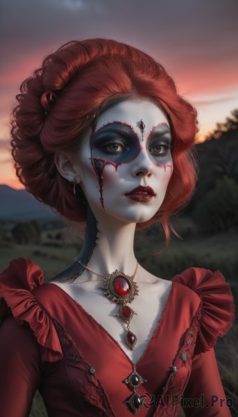 1girl,solo,breasts,looking at viewer,short hair,hair ornament,dress,brown eyes,jewelry,collarbone,upper body,red hair,earrings,outdoors,frills,parted lips,necklace,blurry,lips,makeup,blurry background,colored skin,facial mark,red dress,lipstick,gem,pale skin,sunset,nose,red lips,facepaint,grey skin,sky,hair bun,white skin,realistic