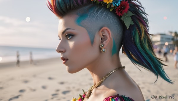 1girl,solo,open mouth,blue eyes,hair ornament,jewelry,blue hair,ponytail,flower,red hair,multicolored hair,earrings,outdoors,parted lips,green hair,sky,solo focus,day,hair flower,necklace,blurry,from side,two-tone hair,lips,eyelashes,aqua hair,profile,makeup,depth of field,blurry background,beach,portrait,realistic,nose,sand,black hair,bare shoulders,ocean,piercing,moon,sunlight