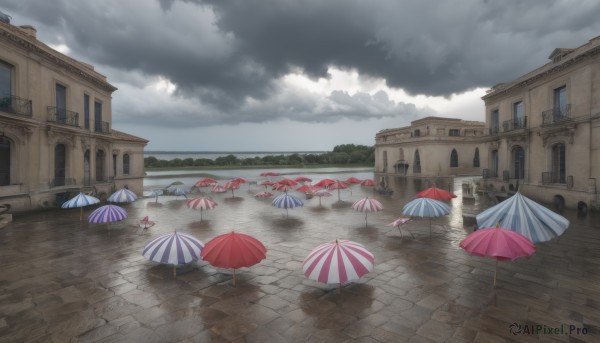 outdoors,sky,day,cloud,water,tree,no humans,window,umbrella,chair,table,cloudy sky,building,scenery,reflection,rain,parasol,house,beach umbrella,lounge chair,sunlight,bush,scarlet devil mansion